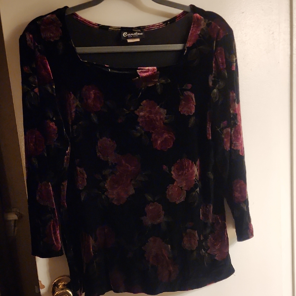 Elegant Black Velvet and Pink Floral Long Sleeve Top